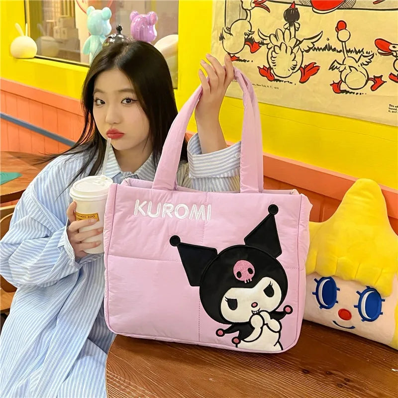 Sanrio Kawaii Hello Kitty Kuromi Tote Bags Cute My Melody Pochacco Cartoon Down Cotton Large Capacity Shoulder Bag Gifts Girls