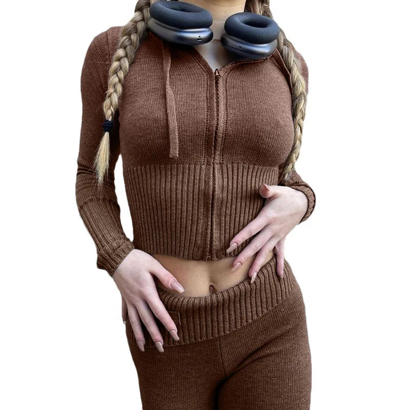 Y2k Slim Fashion 2 Piece-Set Women Sexy Bodycon Long Sleeve Zipper Hooded Sweater Crop Top Flare Pants Two Piece Sets Streetwear