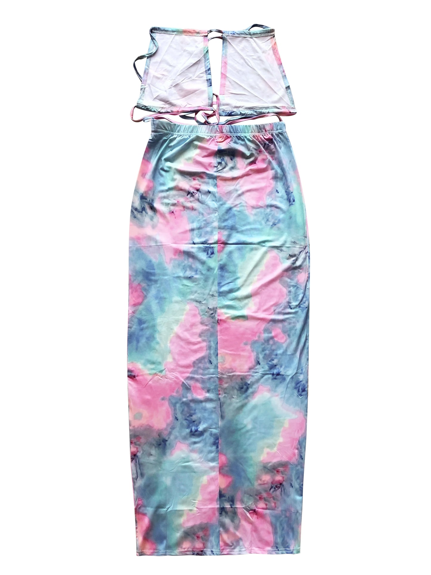 Tie Dye Sexy Two-piece Set, Halter Neck Tie Front Tank Top & High Waist Bodycon Maxi Skirts Set, Women's Clothing