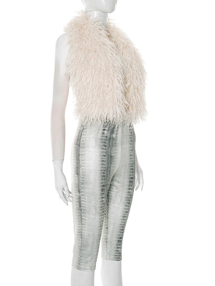 Kricesseen Gorgeous Backless Furry Crop Top And Leopard Print Biker Shorts Set Sexy Active Set Festival Outfits Clubwear