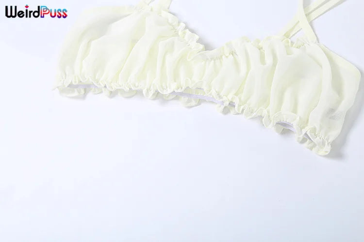 Weird Puss Ruffles 2 Piece Set Women Summer Vacation Beach Style Thin Camisole+Ruched Sexy Peach Hip Skirts Matching Clubwear