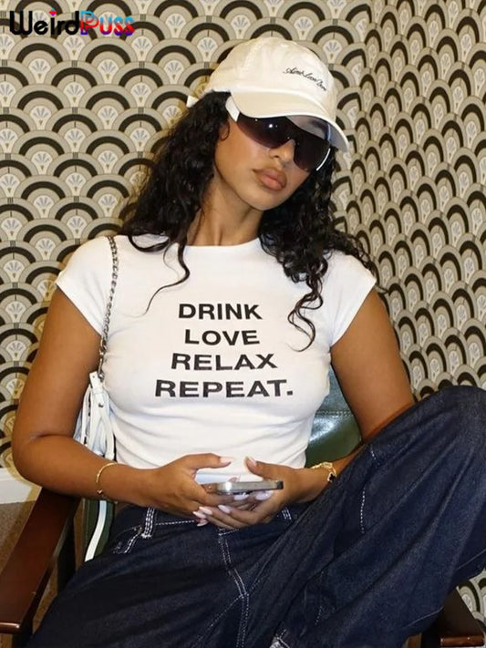 Weird Puss Casual T-Shirt Monogram Y2K  Women Shorts Sleeve Shirring Crop Tops Chic Hot Hot Girl Wild Streetwear Tees