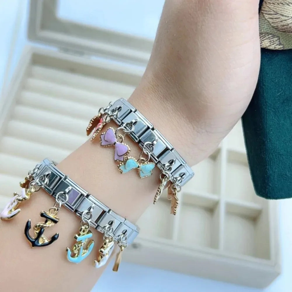 2025 NEW Popular Bow Anchor Pendant Elastic Charm Italian Links Fit 9mm Modular Bracelet Making DIY Jewelry Bulk