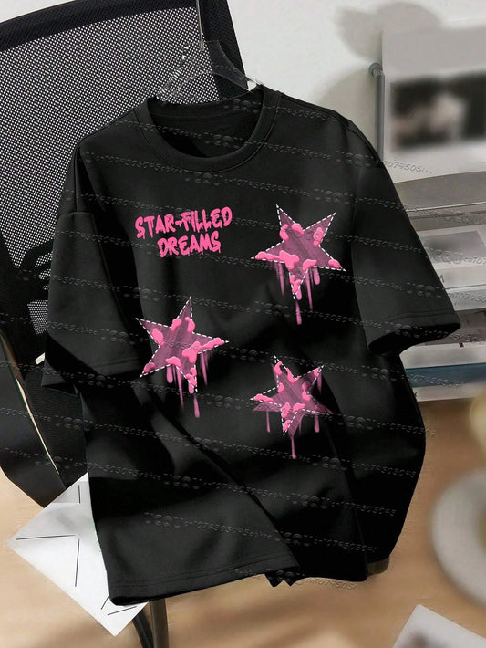 Melted Star Pattern Printed Cotton Short Sleeved O-Neck Loose Breathable Street Tee Summer Women'S Fashionable Home Clothing Top