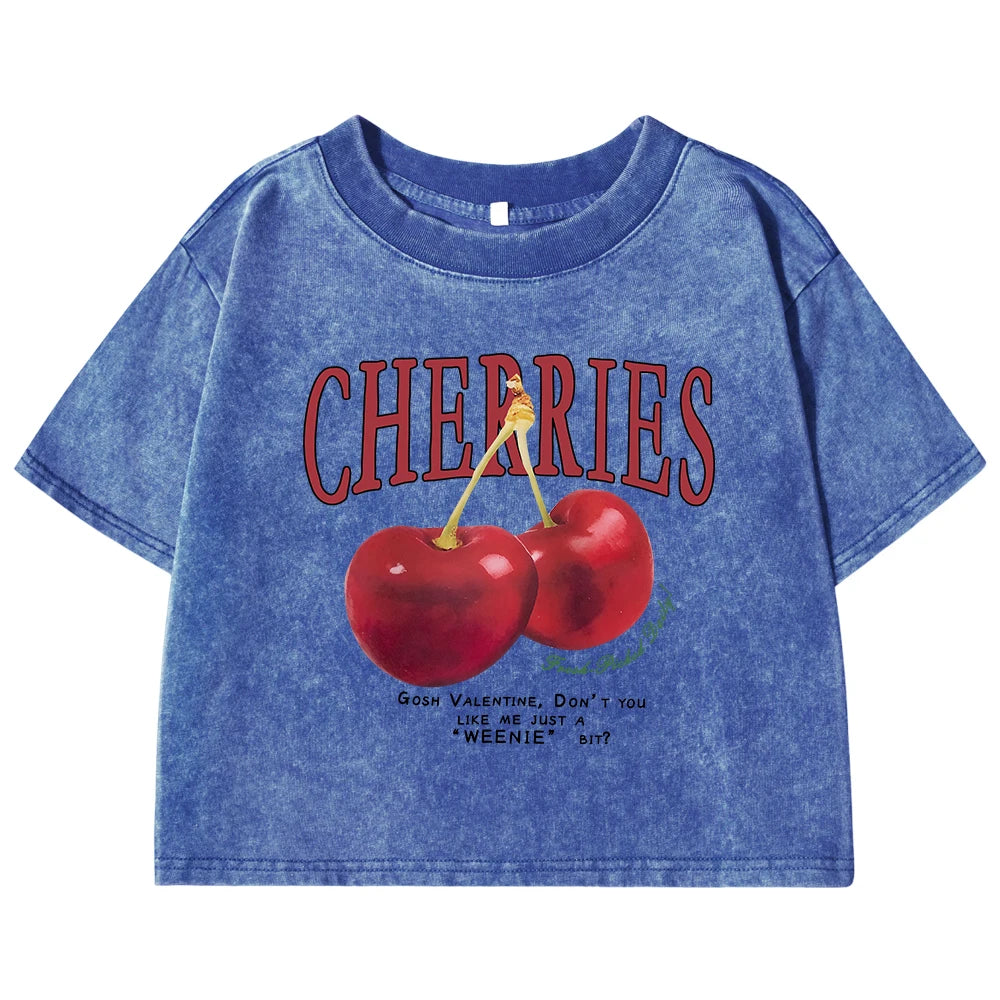 Red Cherries Letter Printed Female T-shirt Fashion Summer Washed Clothing Casual Cotton Crop Top Retro Tee Shirts For Women