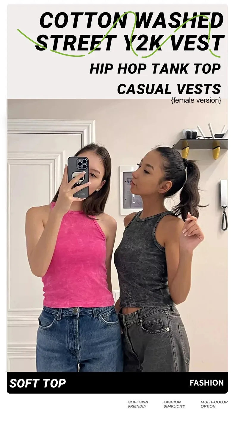 2PCS 100% Cotton Solid Color Washed Vest Womens Summer Casual Tank Top Y2K Sleeveless Clothes Soft Comfortable Sportswear