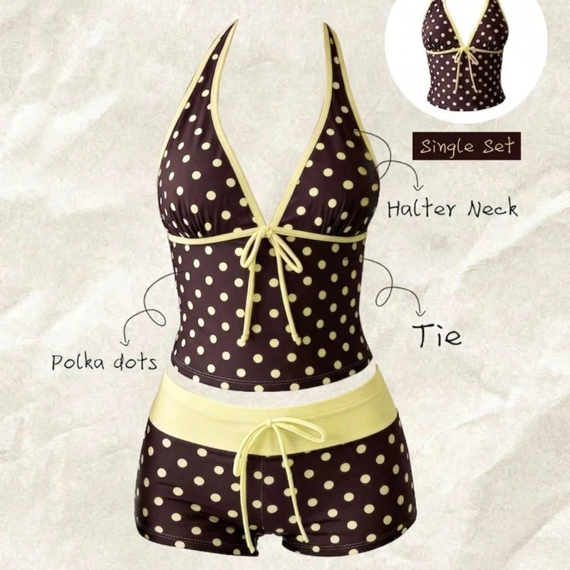 Women Swimwears Polka Dot 2-Piece Tankini Set Halter V Neck Front Tie Cami Top & Contrast Waistband Drawstring Swim Shorts