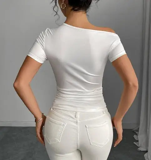 Women's 2025 Summer New Style Slim-Fitting T-Shirt with Irregular Sloping Shoulder and Short Sleeve Top Shipped Within 48 Hours