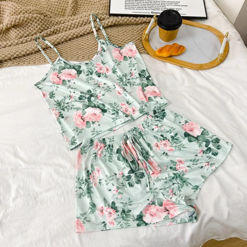 Women's Summer Printed Cami Sleeveless Top and Shorts Pajama Sets Female Soft Breathbale Nightwear Adjustable Belt Sleepwear New