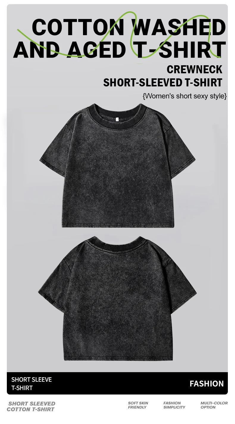 Slim Retro T-Shirt Solid Color Women Fashion Cotton Tee Tops Casual Sport Short Sleeve Cool Washed Streetwear For Female