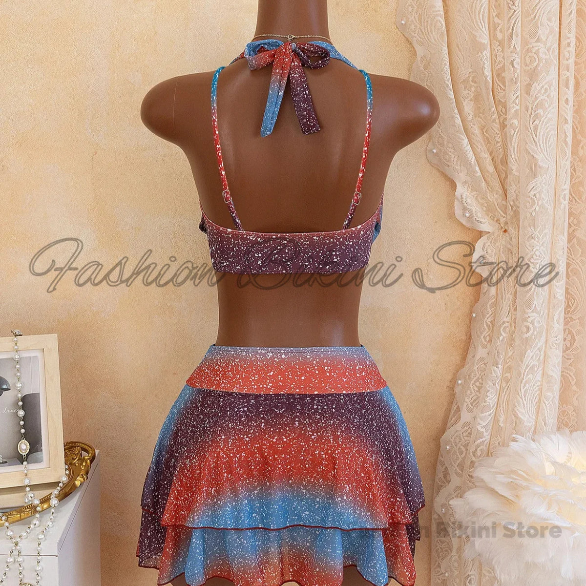 Sexy Blue Gradient Bikini Set 2026 Women Metal 3D Flower Push Up High Waist Pleate Skirt Swimsuit Holiday Bathing Suit Swimwear