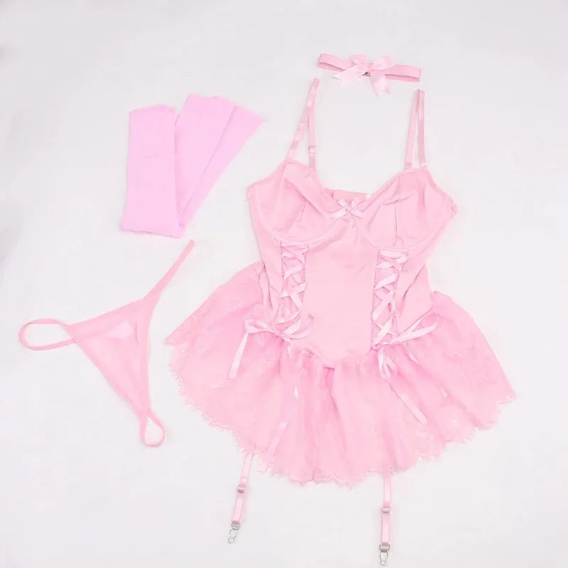 Lace Fancy Patchwork Garters Sexy Lingerie Girly Pink Corset Dress Stocking Matching Cute Sexy Uniform Lingerie New
