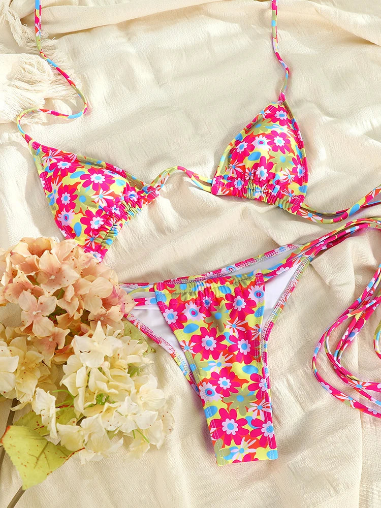 Floral Print Bikinis Sexy Swimsuit Women 2026 Bandage Bathing Suit String Bordered Swimwear Thongs Bikini Sets Summer Beachwear