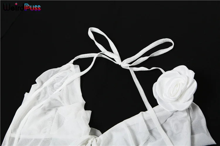 Weird Puss Blossoms Tank Tops Women Ruffles Y2K Summer Trend Sexy V-Neck Irregular Tassel Halter Backless Wild Street Camisole