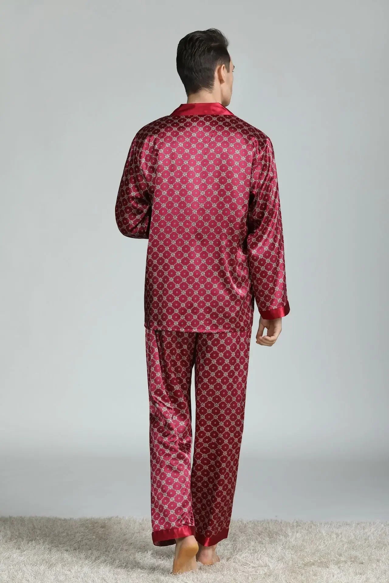 Silk Satin Pajamas for Men Sleepwear Cozy Soft Print Long Sleeve Nightgown Tops + Trousers Two Pieces Mens Pajama Set