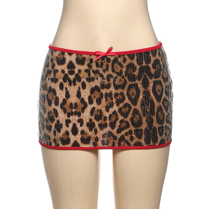 HLJ&GG Fashion Y2K Sequin Leopard Mini Skirts Two Piece Sets Women O Neck Short Sleeve Slim Croptop And Skirts Outfit Streetwear