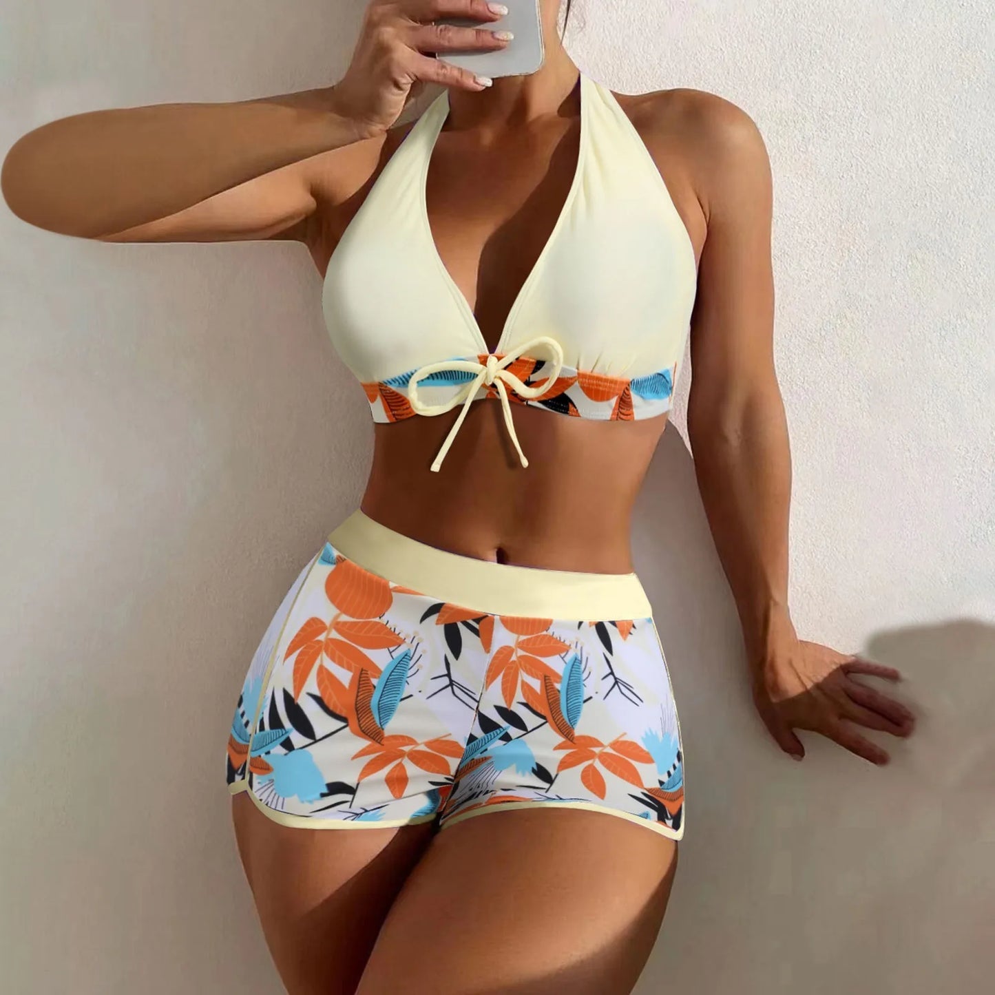 Shorts Bikinis Set  High Waist Swimsuit Women Swimwear  Plant Print Bathers Bathing Swim Suit Beachwear