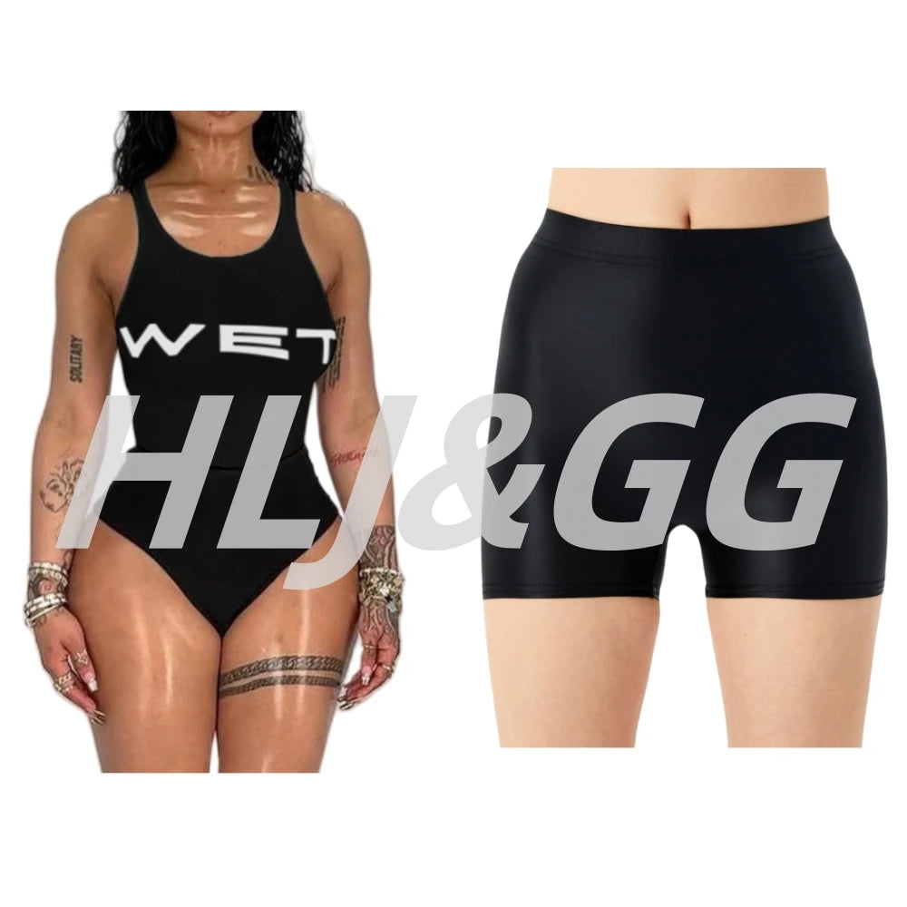 HLJ&GG Sexy Hot Girl Letter Print Bodysuits Two Piece Sets Women Round Neck Sleeveless Top And Shorts Outfits Fashion Streetwear