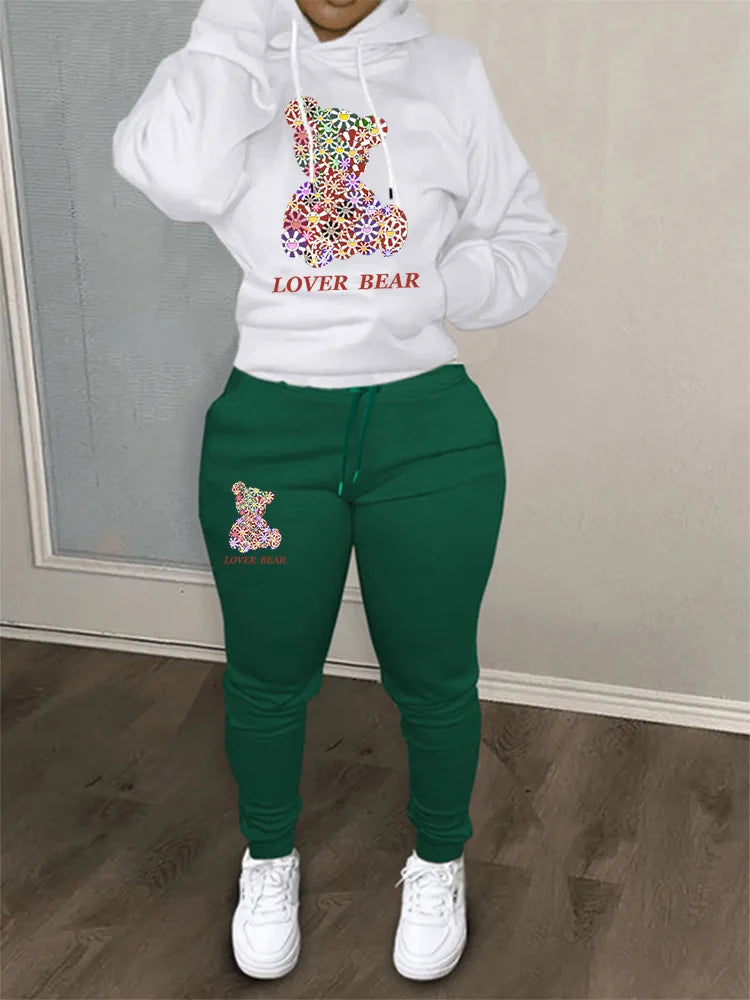 Women's Hoodies Sets Pants Suit 2 Piece Outfits 2025 New Letter Print Bear Aesthetics Sweatshirt and Sweatpants Womens Tracksuit