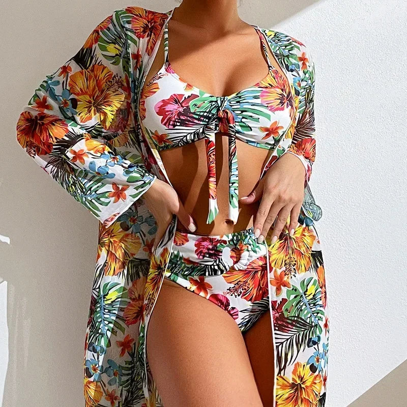 Bohemian Print Sexy Women's Beach Bikinis Three Pieces Bikini Set Cover Up Swimwear High Waisted Bikini Set Women Swimsuit 2025