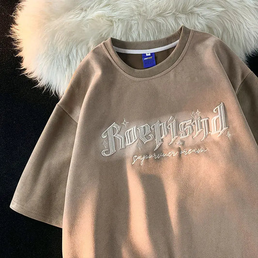 Hip hop retro high street men and women trend personality letter round neck short sleeved couple loose Harajuku suede T-shirt