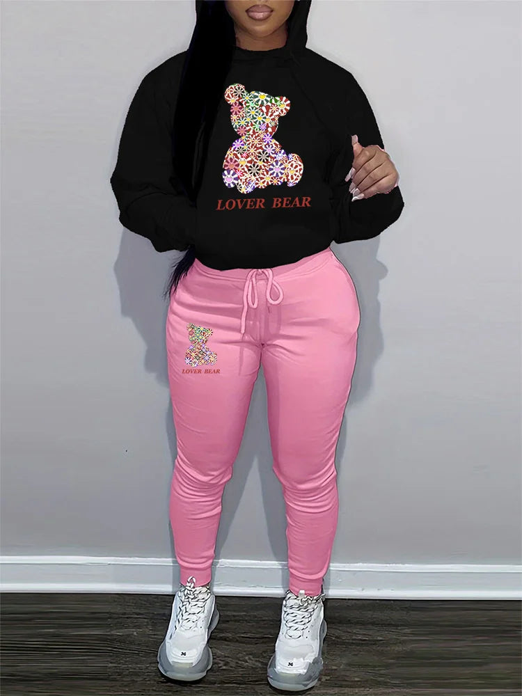 Women's Hoodies Sets Pants Suit 2 Piece Outfits 2025 New Letter Print Bear Aesthetics Sweatshirt and Sweatpants Womens Tracksuit