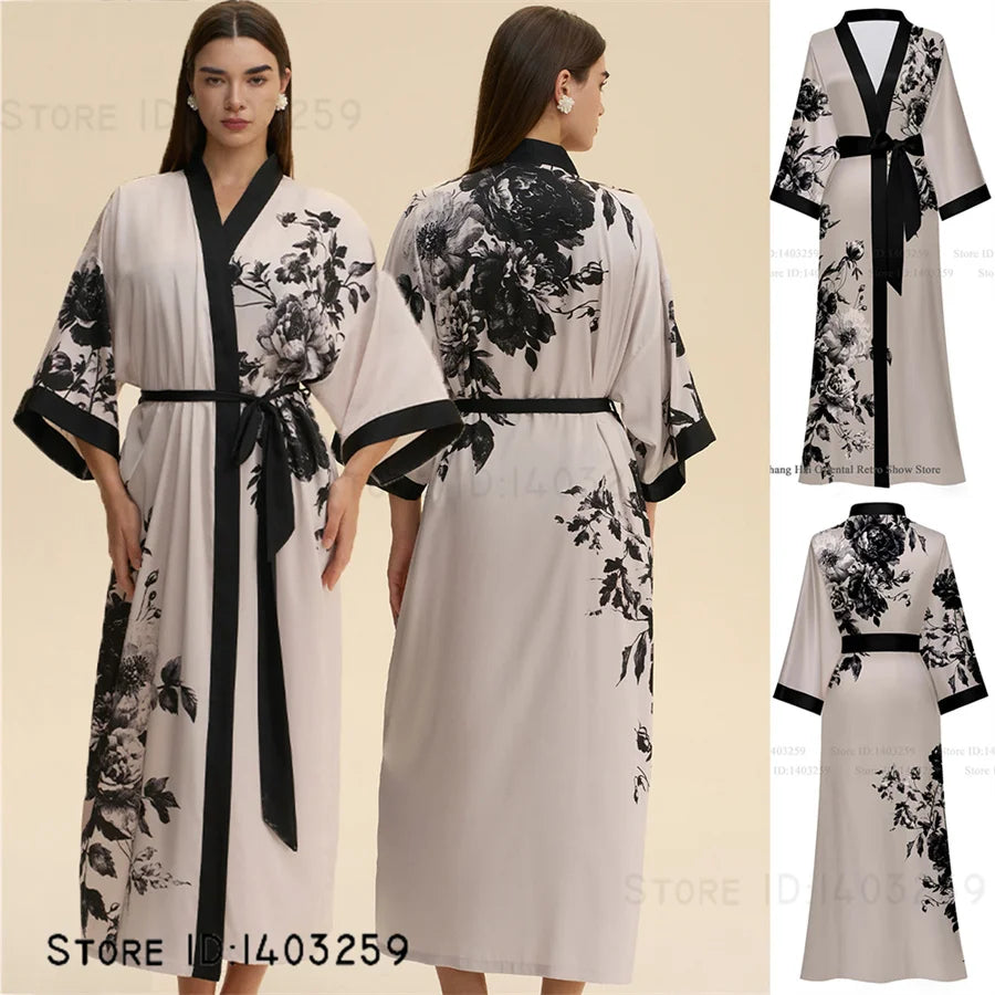 Plus Size Print Flower Long Robe Kimono Gown New Female Sleepwear Bathrobe Home Dress Loose Silky Satin Night Clothes Loungewear