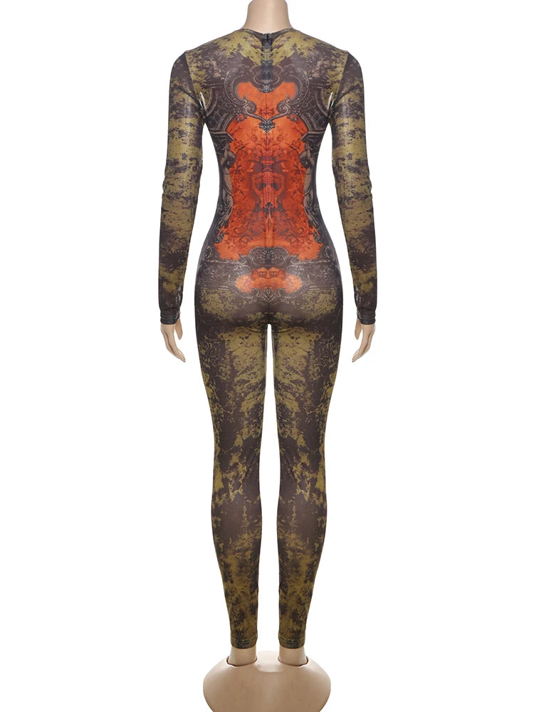 Weird Puss Tie-Dye Print Jumpsuit Women Fitness Stretch Tight Sexy o-Neck Full Sleeve Skinny Streetwear Autumn Zip Slim Overalls
