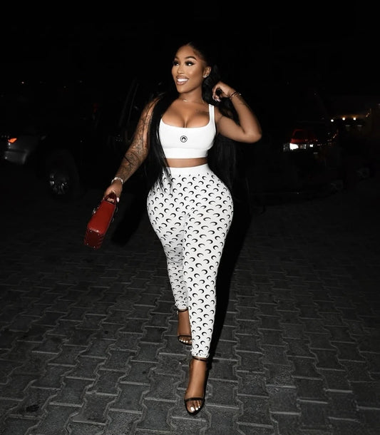 STYLISH LADY Moon Printed Sports 2 Piece Set Women Sleeveless Crop Top and Skinny Pant Suits 2025 Summer Street Fitness Outfits