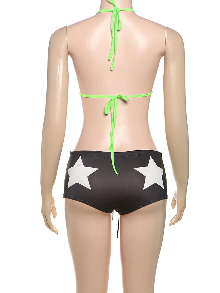Weird Puss Letter Print 2 Piece Set Women Summer Y2K Beach Style Halter Bandage Bra Tops+Star Shorts Matching Vacation Swimsuit