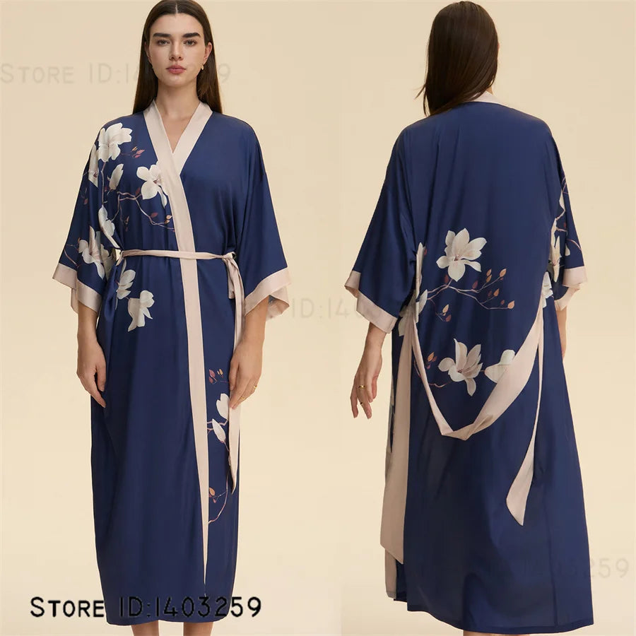 Plus Size Print Flower Long Robe Kimono Gown New Female Sleepwear Bathrobe Home Dress Loose Silky Satin Night Clothes Loungewear