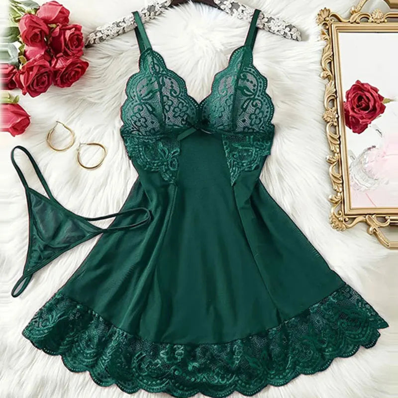 Deep V Lace Push Up Erotic Lingerie Pajamas Set Summer Thinly Woman Nightgown Hot Night Dress Sexy Bra Plus Size Sleepwear Thong