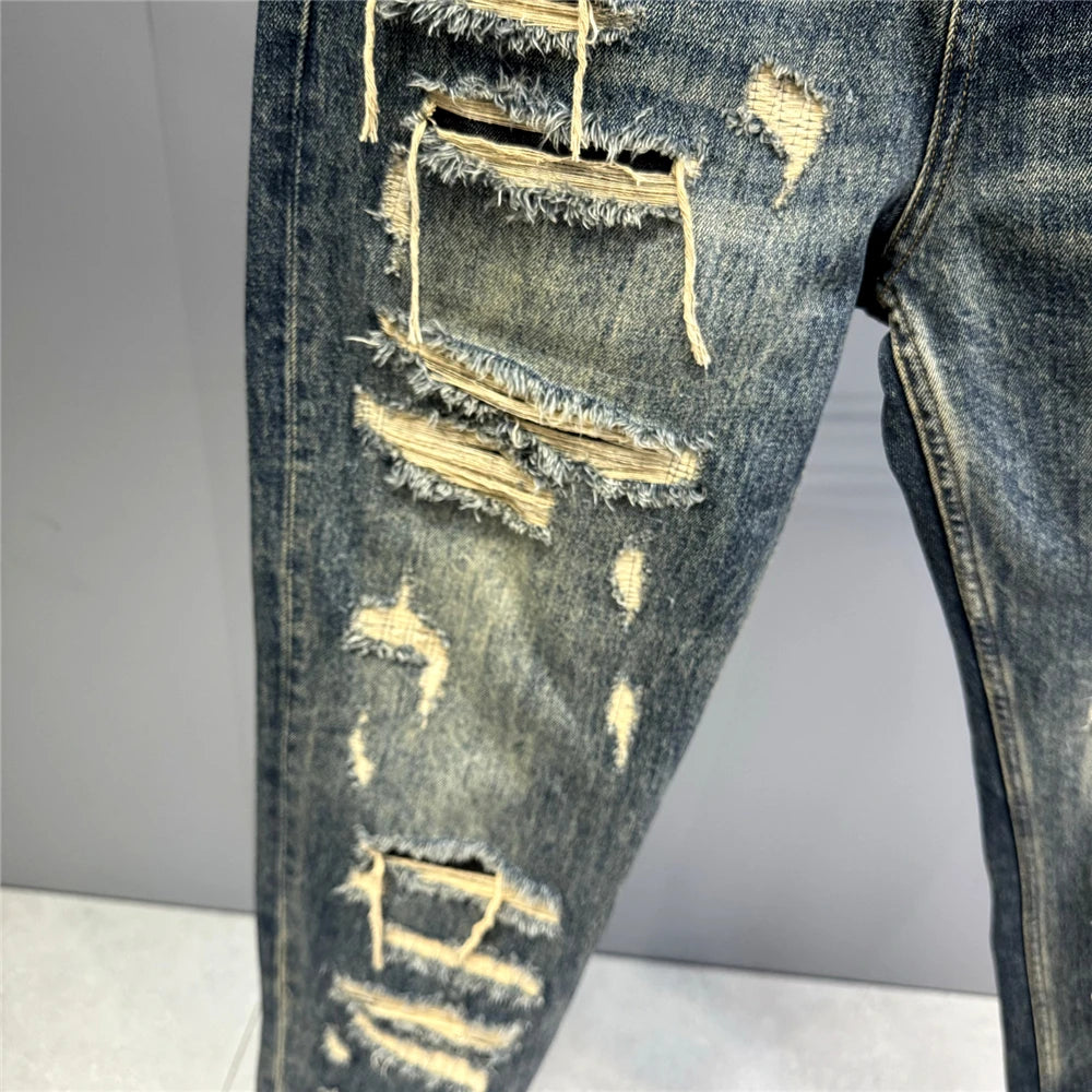Ripped Baggy Jeans Distressed Denim Streetwear Skateboard Pants Straight Leg Patchwork Oversized Urban Fashion Workwear, men's jeans