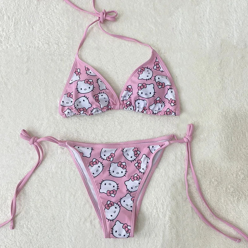 Sanrio Hello Kitty Kawaii Bikinis Set Cute Cartoon Anime Summer Beach Soft Side Strappy Panties Kawaii Swimsuit Sexy Bikini Y2k