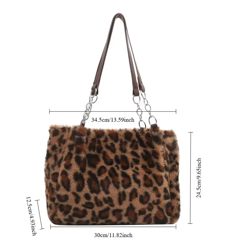 National Style Simple Women Leopard Tote Bag Lady Luxury Fluffy Shoulder Bag Chain Large Capacity Commuter Handle Bag