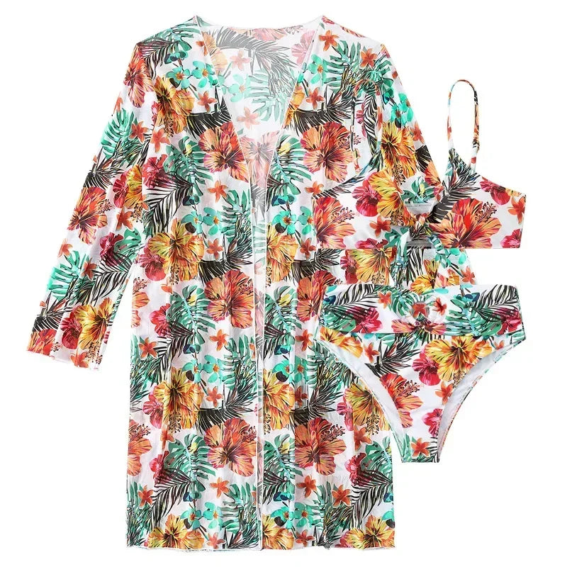 Bohemian Print Sexy Women's Beach Bikinis Three Pieces Bikini Set Cover Up Swimwear High Waisted Bikini Set Women Swimsuit 2025