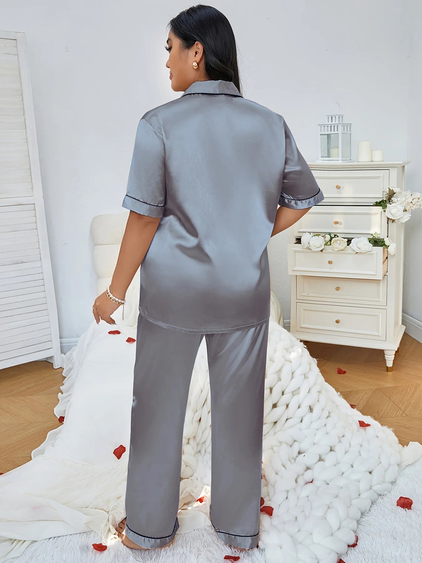 Plus Size 3XL 4XL 5XL Women's Sleepwear Pajamas Set Spring Summer Short Sleeve Trouser Suits Loungewear Loose Satin Homewear