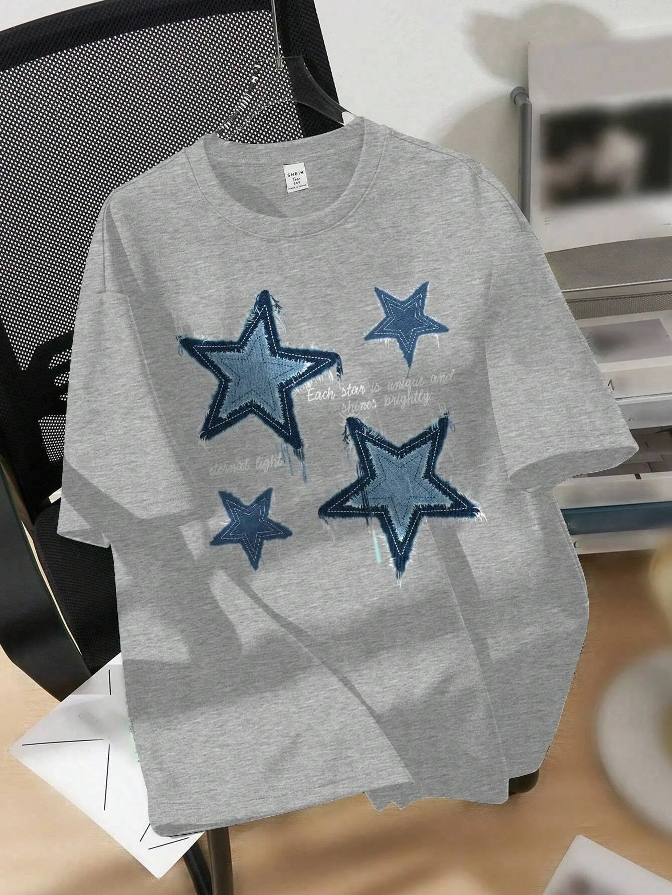 Fashion Five Pointed Star Pattern Cotton Tshirt Summer Round Neck Short Sleeve ForWomen Casual Korean Solid Color Streetwear Top