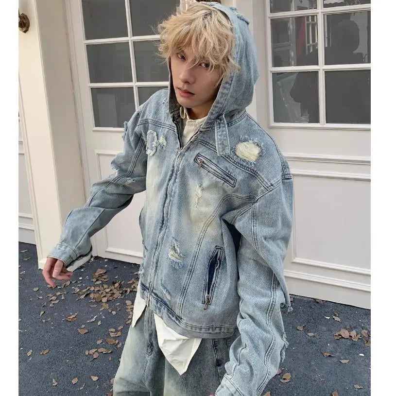 New Hooded Mens Denim Jacket 2024 American Retro High Street Loose Couple Tops Hip Hop Streetwear Trendy Washed Cowboy Coats