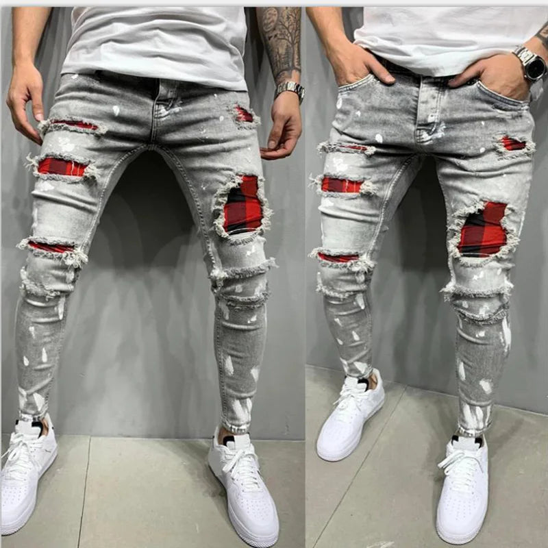 High Quality Fashion Men Painted Stretch Skinny Jeans Slim Fit Ripped Distressed Pleated Knee Patch Casual Men's Brand Clothing