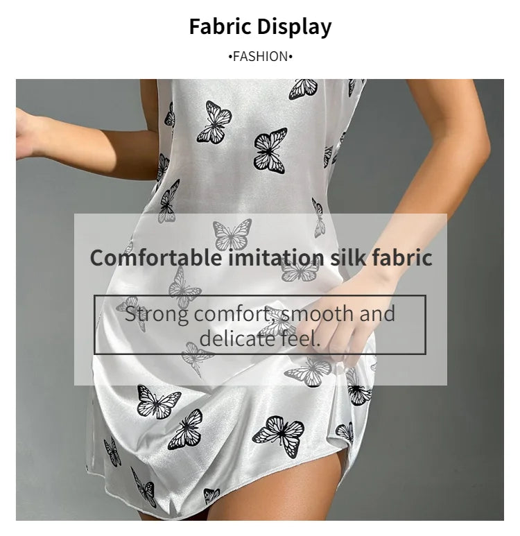 Women Sleepwear Satin Nightgown Mini Slip Chemise Short Nightwear Butterfly Print Spaghetti Strap Cami Nightdress