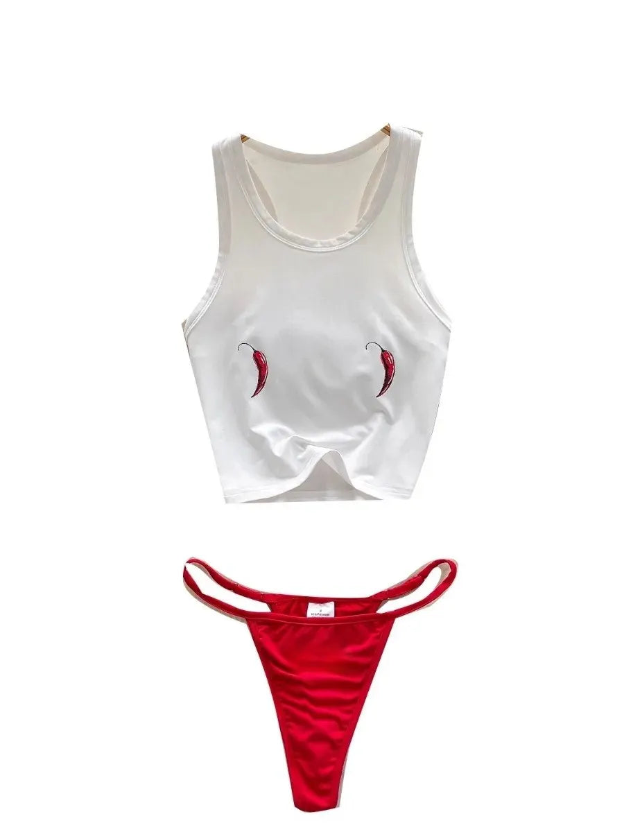 Foamlina Seaside Beach Suit Women's Swimsuit Two-piece Set Pure Desire Sleeveless Printed T-Shirt Vest Bikini Triangle Shorts