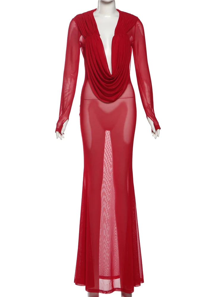 Weird Puss Sexy Thin Mesh Dress Women Deep Swing Collar Ruched Elegant Birthday Prom Party Clubwear Stretch Skinny Maxi Bodycon