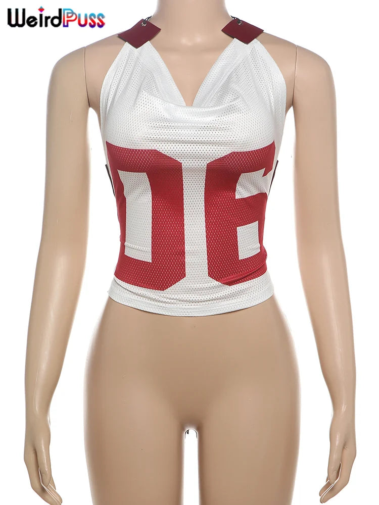 Weird Puss Mesh Halter Crop Tops Woman Summer Bandage Backless Patchwork Number Print Swing Collar Party Streetwear Skinny Vest