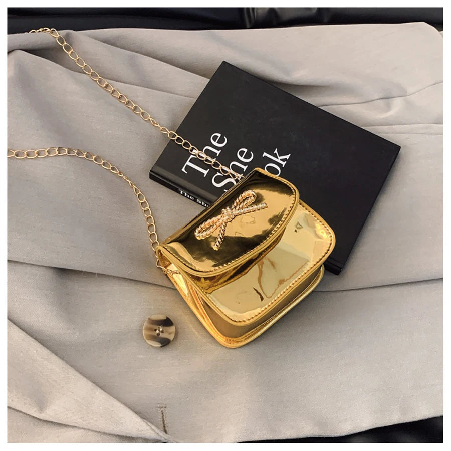 New Shiny Laser Small Square Bag with Bowknot | Mini Crossbody Bag with High-End Aesthetic | Stylish Commuter Crossbody Bag