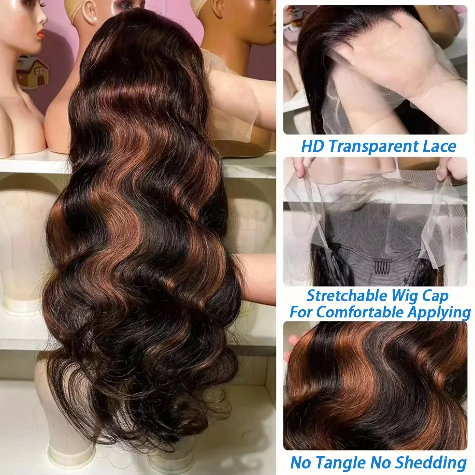 Upgraded 1B/30 Balayage Body Wave 13x4 Highlight Lace Front Human Hair Wig Vietnamese 30 Inch Omber Brown Colored Wig Human Hair