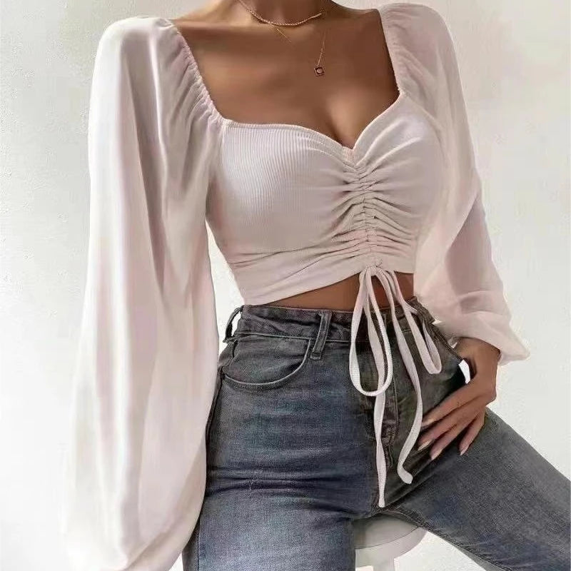 Woman Chiffon Knit Tshirts Long Puff Sleeve Sexy Close-Fitting T-shirt Spring Autumn V-neck New Fashion Solid Simple Tops Tees