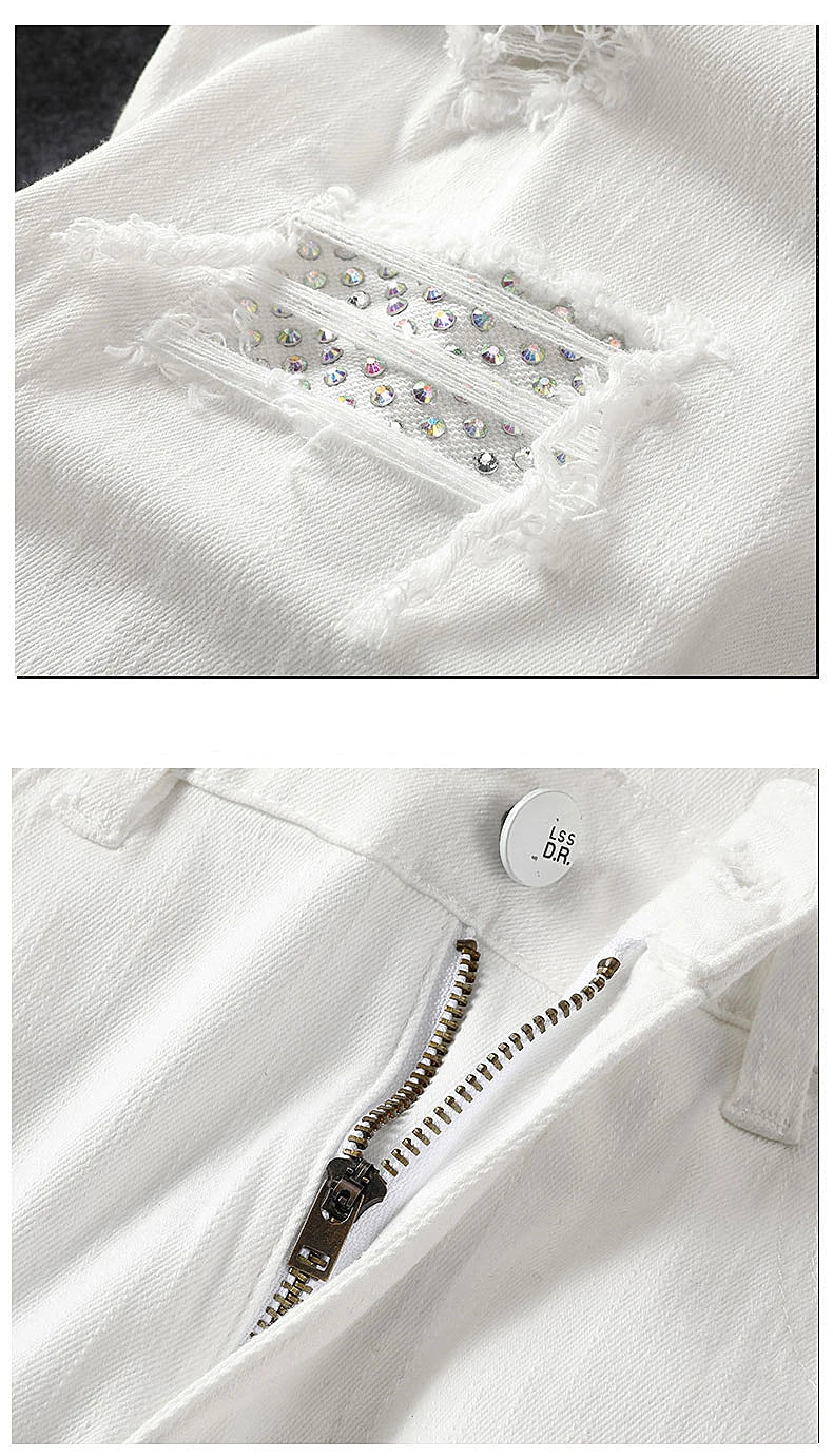 2024 spring and summer hot selling men's white distressed hot drilling jeans slim fit stylish American high street trendy jeans