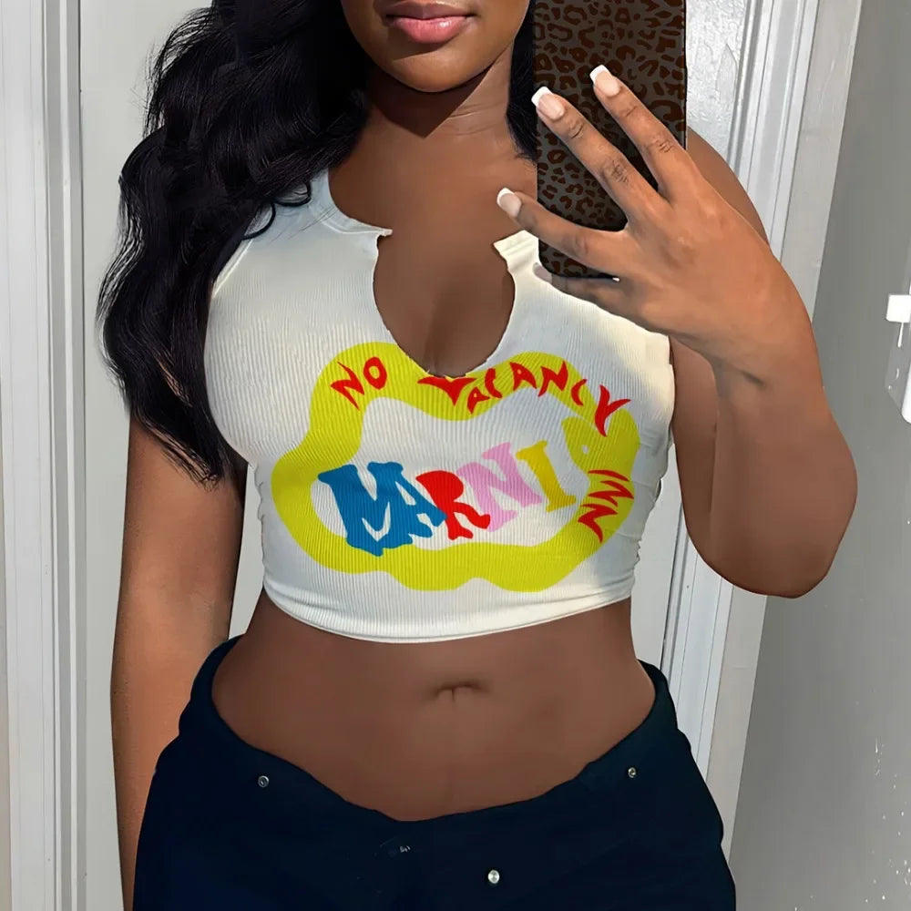 HLJ&GG 2024 INS Fashion Y2k T Shirts Letter Print Crop Tops Girls Streetwear Short Sleeve Slim-fit V-neck Tees T Shirt White New