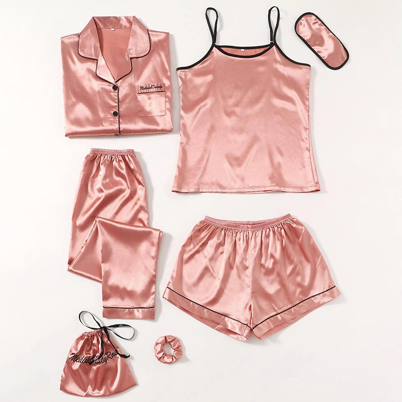 Women's Pajamas Set 7 Pieces Satin Sleepwear Pijama Silk Nightgown Suit Summer Women Home Clothing Printing Sleep Pyjama Femme